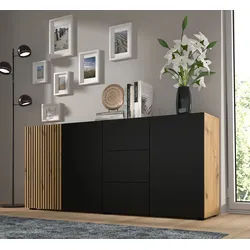 Raumhirsch Furniture Kommode Sideboard, Lowboard, Wohnmöbel mit Schubladen und Türen (Maße: 180 x 42 x 82 (H) cm, 3 Türen, 3 Schubladen), Lamellenfront, Push to Open, Grifflos schwarz 180 cm x 82 cm x 42 cm