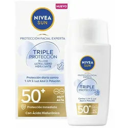 Nivea Sun Sonnenschutzcreme Triple Protect Sonnenfluid SPF 50+ – Ultra-leichter Schutz vor UV, Blue Light & Umwelteinflüssen – 40 ml, leicht, schnell einziehend, umweltfreundlich, dreifacher Schutz, wasserfest, antioxidativ, schweißresistent
