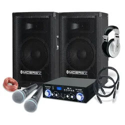McGrey DJ Karaoke Komplettset PA Anlage Party-Lautsprecher (Bluetooth, 300 W, Partyboxen 20cm (8 zoll) - inkl. Endstufe & Mikrofone) schwarz