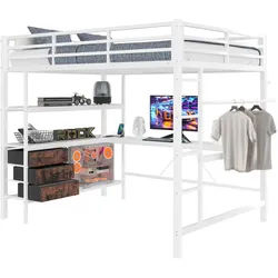 Okwish Hochbett 140/200 cm Weiß mit LED-Beleuchtung mit Schreibtisch mit Steckdose + USB mit 3 Schubladen , Metall , 140x200 cm , Babymöbel & Kindermöbel, Kinderzimmer & Jugendzimmer, Kinderbetten, Hochbetten