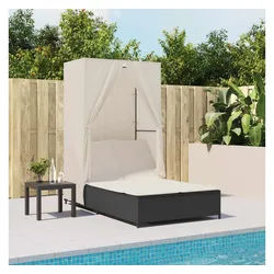 vidaXL Gartenliege, Doppel-Sonnenliege mit Dach und Vorhängen Schwarz Poly-Rattan