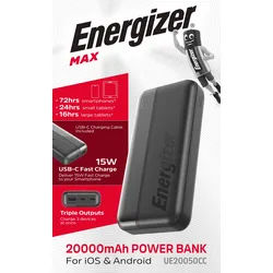 Energizer Akku Powerbank, 20.000mAh, UE20050CC, schwarz Max, 1x USB-A/2x USB-C, Retail