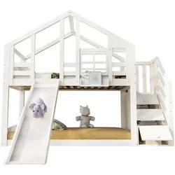 Okwish Etagenbett Baumhaus 90/200 cm Weiß mit Rutsche und Stauräumen , Holzwerkstoff , 90x200 cm , Babymöbel & Kindermöbel, Kinderzimmer & Jugendzimmer, Stockbetten