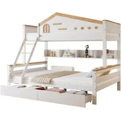 Okwish Etagenbett 90/200 cm und 140/200 cm Weiß+Natur mit zwei Schubladen und Sicherheitsgitter , Holzwerkstoff , 90x200 cm , Babymöbel & Kindermöbel, Kinderzimmer & Jugendzimmer, Stockbetten
