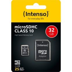 Intenso microSDHC Card 32GB, Class 10 (R) 25MB/s, (W) 10MB/s, SD-Adapter, Retail-Blister