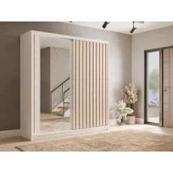 Raumhirsch Furniture Kleiderschrank Garderobenschrank, Schwebetürenschrank, Schrank mit Spiegel (Maße: 205 x 62 x 215 cm, Front mit 11 Lamellen) Loft Stil, Kleiderstange, Einlegeböden, viel Stauraum weiß 205 cm x 215 cm x 62 cm