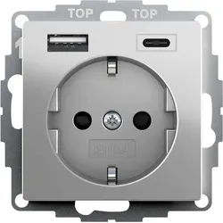 Gira 2459600 Schutzkontakt-Steckdose mit erhöhtem Berührungsschutz (Safety Plus) und USB-Spannungsversorgung 2-fach Typ A/C, System 55, Edelstahl(lackiert)