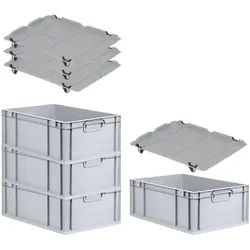 PROREGAL SuperSparSet 4x Eurobox NextGen Grip mit Auflagedeckel & 4 schwarzen Verschlüssen, HxBxT 22x40x60cm, 44L, Grau, Griffe zu, Eurobehälter