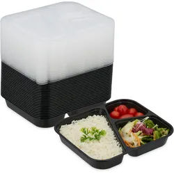 Relaxdays Meal Prep Boxen, 24er Set, 3 Fächer, mikrowellengeeignet, wiederverwendbar, Kunststoff Essensbehälter, schwarz