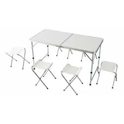 Relaxdays Campingtisch mit 4 Hockern Weiß,Silber