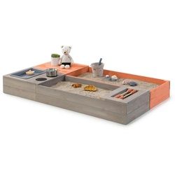 Muddy Buddy Sandkasten , Grau, Orange , Holz , Zypresse , massiv , 90x20x150 cm , EN 71 , Sitzfläche, mit Holzschutz vorbehandelt , Freizeit & Co, Gartenspielzeug, Sandspielzeug