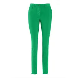 Regular-fit-Jeans MADELEINE "Jeans Mid Waist Skinny-Hose mit Fransen", Damen, Gr. 19, N + K Gr, grün (apfelgrün), Obermaterial: 92% Baumwolle CO. 6% Polyester PES. 2% Elasthan EL., Modern, normal, Jeans, mit Fransensaum