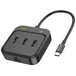 hoco. HUB-Adapter 4in1 Typ C auf USB2.0*3+RJ45 100 Mbit/s Ethernet Adapter schwarz