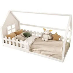 Flieks Massivholzbett, Kinderbett Hausbett Einzelbett 90x200cm mit Lattenrost und Zaun weiß 96.5 cm x 204.3 cm x 113.8 cm