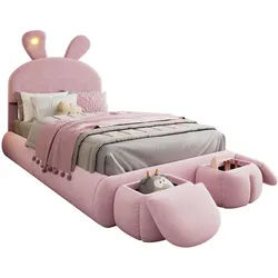 Okwish Polsterbett 90/200 cm Rosa Hasenohren mit LED-Beleuchtung und Aufbewahrungshockern , Textil , 90x200 cm , Babymöbel & Kindermöbel, Kinderzimmer & Jugendzimmer, Kinderbetten