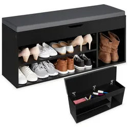 tectake Schuhschrank Schuhbank Natalya mit Sitzpolster für 9 Paar Schuhe, 104x30x49cm (Komplettset, 1-St., inkl. Schlüssel) großes Klappfach zur Aufbewahrung schwarz