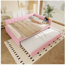 Flieks Daybett, Polsterbett Kinderbett 140x200cm mit Ausziehbett 90x190cm, USB & Typ-C rosa