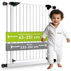 BOMI Türschutzgitter Kinderschutzgitter ohne Bohren Mira 63-251 cm, Treppengitter Metall (verschiedene Größen, geprüftes Treppenschutzgitter ohne Bohren mit Sicherheitsverschluss), Babygitter selbstschließend & mit 90 Grad Feststellfunktion der Tür weiß 233 cm x 77 cm
