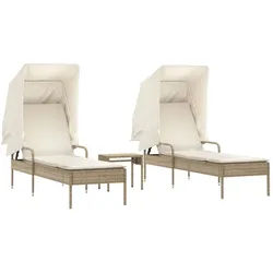 vidaXL Gartenliege Sonnenliegen 2 Stk. mit Dach und Tisch Beige Poly Rattan, 1 St.