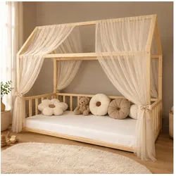 Baby Fancyroom Betthimmel Hausbett Himmel Premium Tüll, Baldachin für Kinderbett Mädchenzimmer, 2-teilig, mit 4 Schleifen, Premium Tüll beige 300 cm