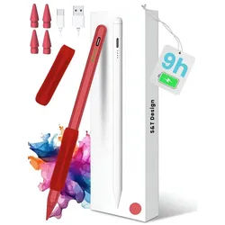 S&T Design Eingabestift Stift für iPad USB-C (2018-2026) Schnellladen für Apple iPads (2018-2026), 1-St., mit 4x iPad Stift Spitzen + Silikon Halterung) Tabletstift Stylus Pencil 2. Gen Pen USB-C Schnellladen Palm Rejection rot