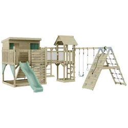 OutdoorToys Spielturm Malin, aus Holz in Mintgrün mit Trapezschaukel mit Rutsche, Kletterwand grün