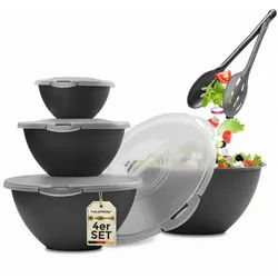 Hausfelder Salatschüssel Schüssel Set + Salatbesteck 10-tlg, Kunststoff, (Set, 10-tlg), Schüsseln 1x6 L, 1x3,6 L, 1x1,9 L, 1x0,7 L + Salatbesteck schwarz