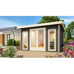 Karibu Saunahaus Mainburg 2 mit Vorraum - 38 mmterragrau Set B (Sauna B 2,25 x T 1,9 m mit 3 Liegen 57/52 cm) 9 kW Bio-Kombiofen inkl. Huum Wlan Steuergerät mit App-Funktion