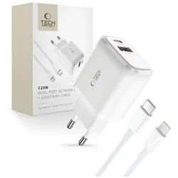 C20W USB-C PD 20W / USB-A QC 3.0 Mains Charger with USB-C / Lightning Cable - White