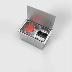 BS 8314A-2-3 CEE-Bodendose, 5-fach, eckig, Klappdeckel aus Aluminium, IP64, 1x CEE 5/32A, 2x Schutzkontakt-Steckdose, 2x RJ45 2-fach