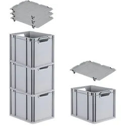 PROREGAL SuperSparSet 4x Eurobox NextGen Grip mit Auflagedeckel & 4 schwarzen Verschlüssen, HxBxT 32x30x40cm, 30L, Grau, Griffe offen, Eurobehälter
