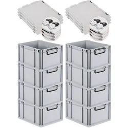 PROREGAL SuperSparSet 8x Eurobox NextGen Color mit Scharnierdeckel & Verschlüssen, HxBxT 22x30x40cm, 20L, Grau, Griffe schwarz zu, Eurobehälter