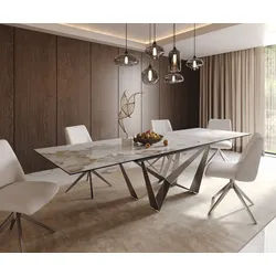 Esstisch Edge 200-300x100 Keramik Minas Melange Weiß-Beige Spider Flachstahl Edelstahl ausziehbar