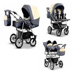 BabyMerc Zwillings-Kombikinderwagen City Twin 4 in 1 inkl. Sportsitze, Autositze und Zubehör in 19 Farben grau
