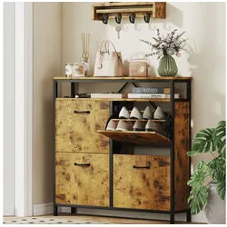 HOMCOM Schuhkipper mit 4 Klappen, verstellbar Trennwand, offenem Fach (schmal Schuhschrank, 1 St., Schuhregal für 12-20 Paar Schuhe), für Flur, Eingang 98x24x95cm Rustikal Braun braun