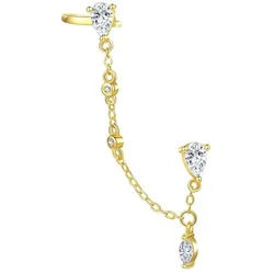 Hey Happiness Single-Ohrstecker Tropfen Zirkonia, Kettchen Ohrring Damen Silber 925, Ketten Ohrhänger, Ohrklemme Kristalle hängend, Vergoldet 18K goldfarben