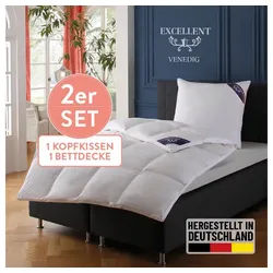 Excellent Daunenbettdecke + 3-Kammer-Kopfkissen Venedig, 2-tlg, hergestellt in Deutschland, verschiedene Größen, Füllung: Bettdecke: 90% Daunen, 10% Federn, Bezug: 100% Baumwolle, Decke mit Kissen,Set, Sommer, Winter, Bettdecke 135x200 cm, 155x220 cm weiß