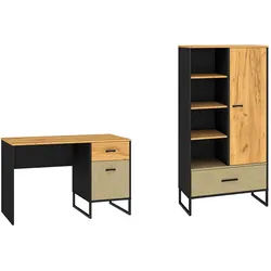 Feldmann-Wohnen Jugendzimmer-Set Colt schwarz / Craft Gold Eiche / Premium Steel 2-teilig , Braun , Holzwerkstoff , 4 Fächer , Rechteckig,Rechteckig , 200x156x55 cm , Babymöbel & Kindermöbel, Kinderzimmer & Jugendzimmer, komplette Jugendzimmer