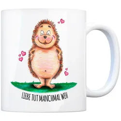 speecheese Tasse Kaffeebecher mit Igel Motiv und Spruch: Liebe tut manchmal weh