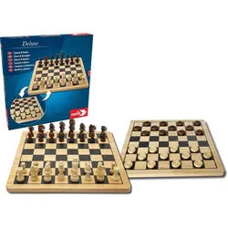 Noris Spiel Deluxe Holz - Schach & Dame, Brettspiel braun