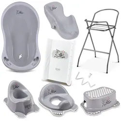 Babykajo Babybadewanne mit Ständer, (Set, 8-tlg), Wanne, Sitz, Wickelauflage, Gestell, Abfluss, Töpfchen, Hocker WC-sitz grau