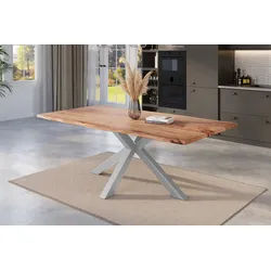 SAM® Baumkantentisch Nicki, massives Akazienholz, Baumkante, Metallgestell Spider-Form, bis 3m beige 180 cm x 77 cm x 90 cm