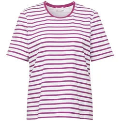 Kurzarmshirt GOLDNER "Jerseyshirt im Streifen-Look", Damen, Gr. 54, weiß (weiß, lila, geringelt), Obermaterial: 95% Baumwolle CO. 5% Elasthan EL., figurumspielend, normales Bündchen, Shirts, Ohne