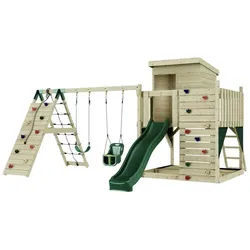 OutdoorToys Spielturm Frida, aus Holz in Dunkelgrün mit Babyschaukel & Rutsche, Kletterwand grün