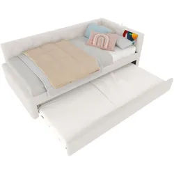 Okwish Polsterbett 90/200 cm Weiß mit Ausziehbett mit LED-Nachttischlampe mit Usb- und Type-C-Anschlüssen , Textil , 90x200 cm , Schlafzimmer, Betten, Polsterbetten