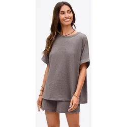Imily Bela Hausanzug Damen 2-teilige Lounge-Sets (Set, 2 tlg., Oversized Kurzarm-T-Shirts + Shorts mit Kordelzug) einfarbig braun L(40)