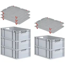PROREGAL SparSet 5x Eurobox NextGen Grip mit Auflagedeckel & 4 roten Verschlüssen, HxBxT 22x40x60cm, 44L, Grau, Griffe offen, Eurobehälter