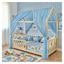 Baby Fancyroom Betthimmel Betthimmel Tüll Hausbett Kinderbett 2 Stück 340cm 380cm Montessori (3-tlg. Set mit 2x Betthimmel und einer 20er Pomponkette, Baldachin, Kinder Betthimmel Baldachin Himmel Deko Set), Betthimmel für Hausbett Montessori blau 300 cm