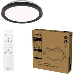 Philips LED Deckenleuchte All-In-One Leuchte, 24W, 2400 Lumen, 30cm rund, CCT - über Fernbedienung, Dimmer, Dimmfunktion, Farbsteuerung, Fernbedienung, Infrarot inkl., Memoryfunktion, dimmbar über Fernbedienung, mehrere Helligkeitsstufen, LED fest integriert, warmweiß - kaltweiß, inkl. Fernbedienung schwarz
