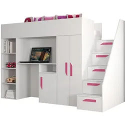 Abiks Möbel Hochbett mit Schreibtisch 90/200 cm , Weiß, Weiß, Pink , Holz , Nachbildung , 7 Fächer , 90x200 cm , Babymöbel & Kindermöbel, Kinderzimmer & Jugendzimmer, Kinderbetten, Hochbetten
